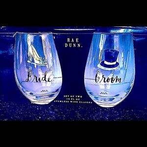 Rae Dunn. Set of Two Stemless Wine Glasses. Bride & Groom.